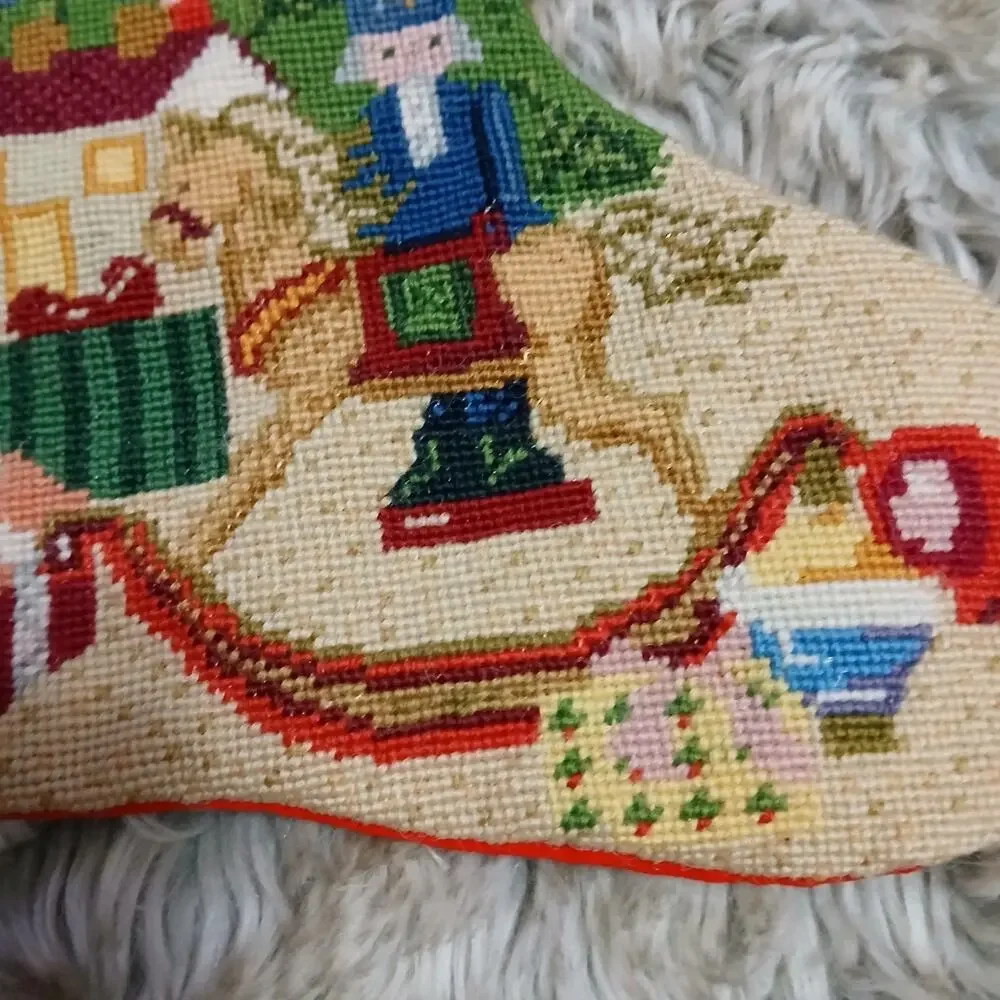 Vintage Needlepoint Christmas Stocking Santa Tree‎ Toys Nutcracker Rocking Horse